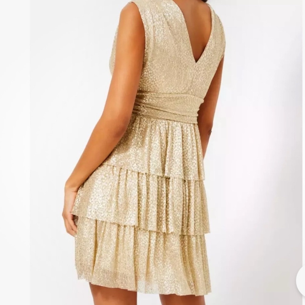 Lilly Pulitzer Faye Metallic Gold Ruffle Mini Dress XS Preppy Cocktail Formal - Picture 3 of 11